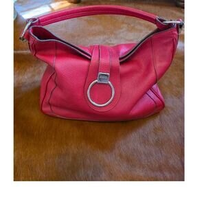 Furla Red Pebbled Leather Large Hobo Shoulder Bag Silver Ring Hardware Italy
